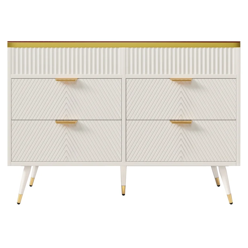 Ladekast – Kast – Commode – Opbergmeubel – Ladenkast – Wit met Amber Glas – Hardhouten Constructie – 6 Lades met Indeling – Anti-Kantel Veiligheid – 47,2 Kubieke Voet Opslag – 120 cm Hoog