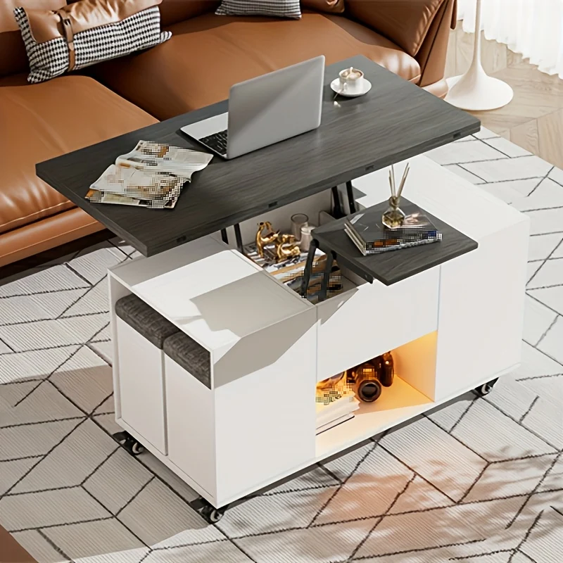 Eettafel – Uitschuifbare Tafel – Verhoogbare Salontafel – Verstelbare Werktafel – Tafeltje Met Krukken – Met Opbergruimte – Stevig Metalen Frame – Modern Grijs
