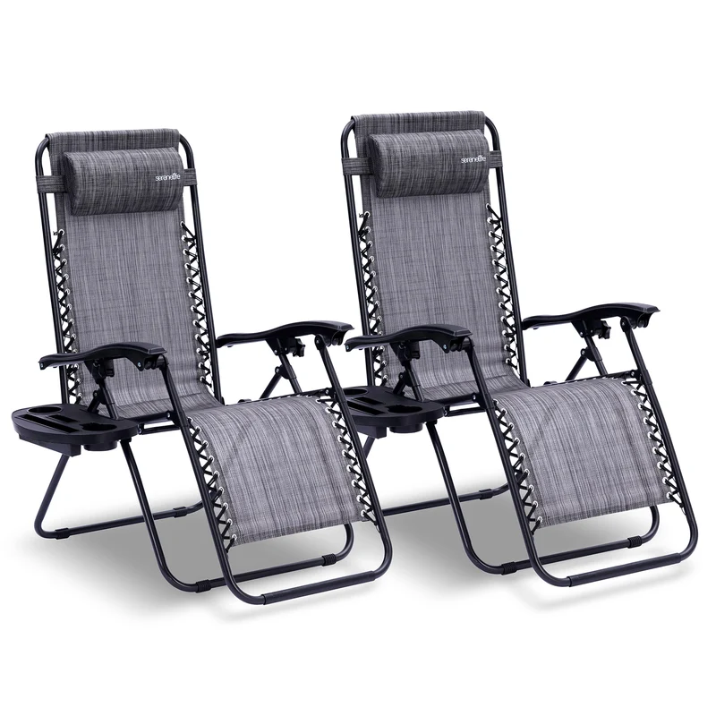 Loungestoel – Tuinstoel – Relaxstoel – Ligstoel – Fauteuil – Verstelbaar Zero Gravity – Weerbestendig Stalen Frame – Inclusief Afneembaar Tafeltje en Bekerhouders – Grijs
