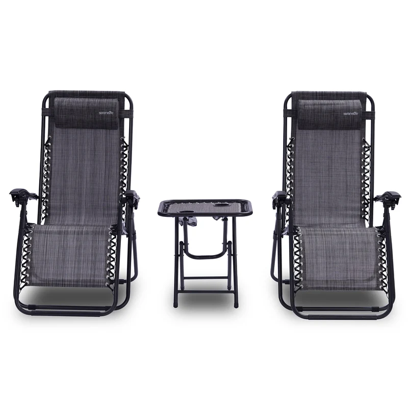 Loungestoel – Fauteuil – Relaxstoel – Tuinstoel – Verstelbare Stoel – Set van 2 – Weerbestendig Staal – Inclusief Bijzettafel met Bekerhouders