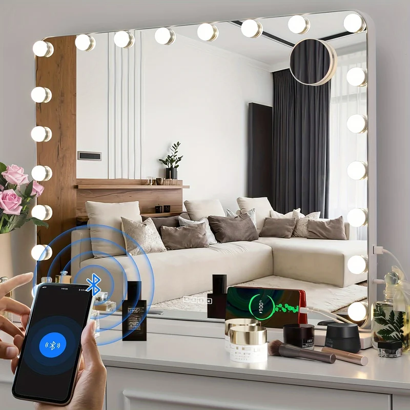 Make-up Spiegel – Make-upspiegel – Vergrootspiegel – Scheerspiegel – Beauty Spiegel – 80x60 cm – Dimbare LED Verlichting – Bluetooth Speaker – USB Powered – Wit