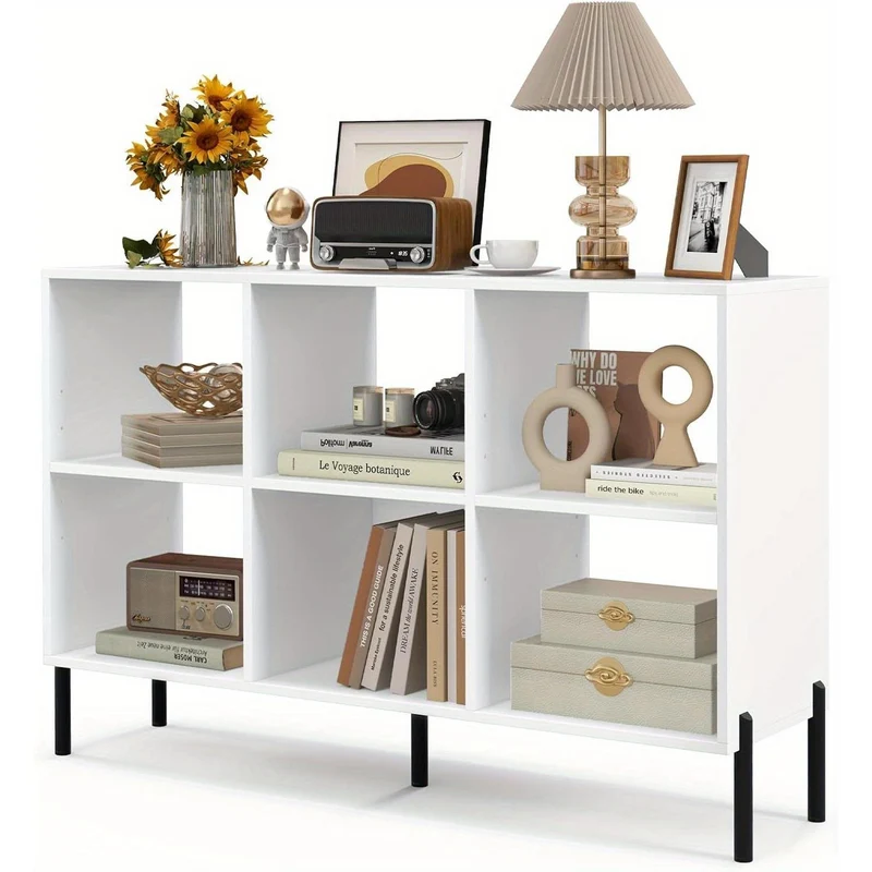 Boekenkast – Boekenrek – Vakkenkast – Open Kast – Opbergkast – 6 Kubusvakken – Verstelbare Planken – Metalen Poten – Wit – 120x35x79,5 cm
