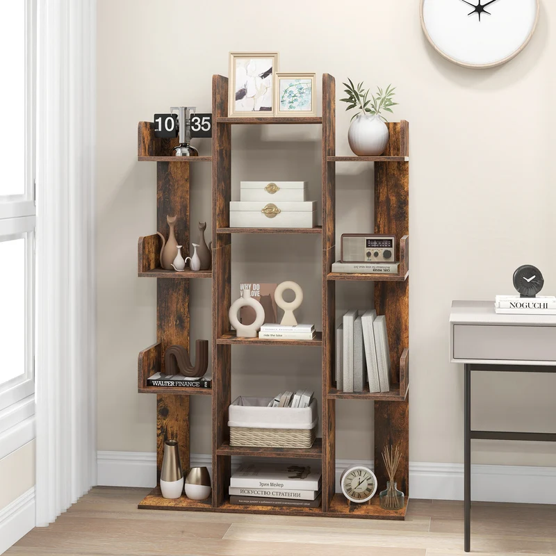 Boekenkast – Boekenrek – Opbergkast – Vakkenkast – Stellingkast – Boomvormig Design – 13 Open Vakken – Rustiek Bruin Hout – Stabiel & Duurzaam – Anti-Omvalbeugels – 86x24,5x141 cm
