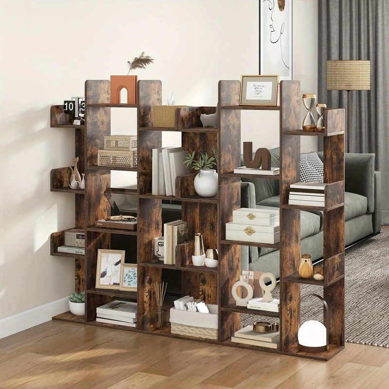 Boekenkast – Boekenrek – Vakkenkast – Opbergkast – Wandkast – Boomvormig Design – 13 Open Vakken – Vintage Bruin – 86x24,5x141 cm – Stevige MDF Constructie
