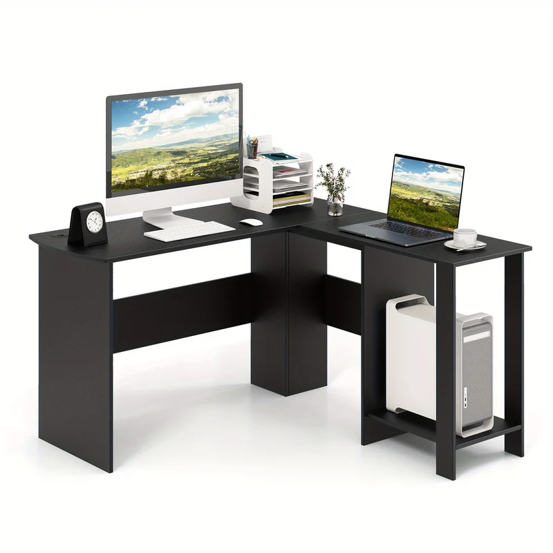 L-vormige bureautafel – Hoekbureau – Computerbureau – Kantoorbureau – Werkplek bureau – Grote werkblad 130x130 cm – Kabeldoorvoeren en opbergruimte – Zwart