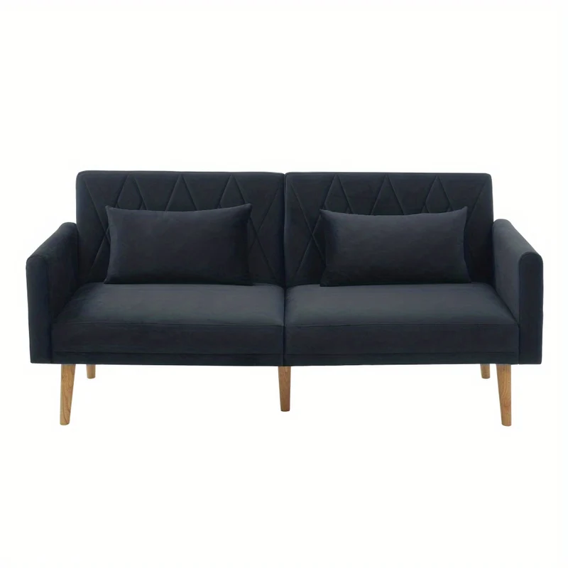 Slaapbank – Slaapsofa – Logeerbed – Bedbank – Bankbed – Verstelbare Rugleuning 3 Standen – Luxe Zachte Velvet Bekleding – Compact 2-Zits – Met Kussens En Zijvak – Zwart