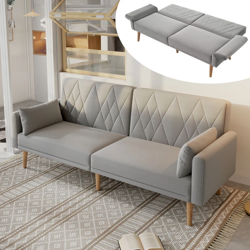 Slaapbank – Bedbank – Sofa Bed – Tweezitsbank – Sofa Sleeper – Verstelbare Rugleuning 3 Standen – Fluwelen Bekleding Grijs
