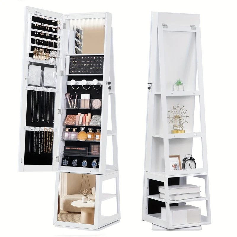 Sieradekastje – Sieradenkast – Make-upkast – Opbergkast – Spiegelkast – 360° Draaibare Spiegel – Afsluitbaar Met Sleutel – 4-Lagen Opbergruimte – Wit Frame Met Zwarte Bekleding