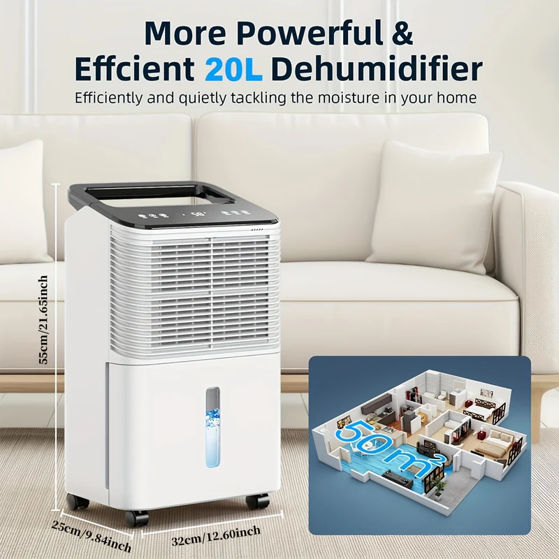 Ontvochtiger – Luchtontvochtiger – Vochtvreter – Dehumidifier – Wasdroogfunctie – 20L per Dag – Fluisterstil 30dB – Intelligente Vochtregeling – Geschikt tot 120 m²