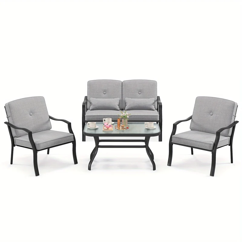 Tuinmeubelen – Loungeset – Loungesetbank – Tuinset – Balkonset – Met Zachte Kussens – Met Gehard Glas Tafelblad – Robuust Metalen Frame – Comfortabele Zit
