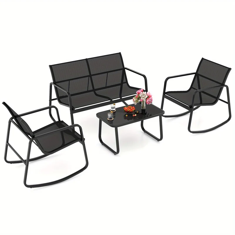 Tuinset – Tuinmeubelen – Zitgroep – Loungeset – Bistroset – Met Metalen Frame – Temperglas Tafelblad – 4 Persoons – Schommelstoelen
