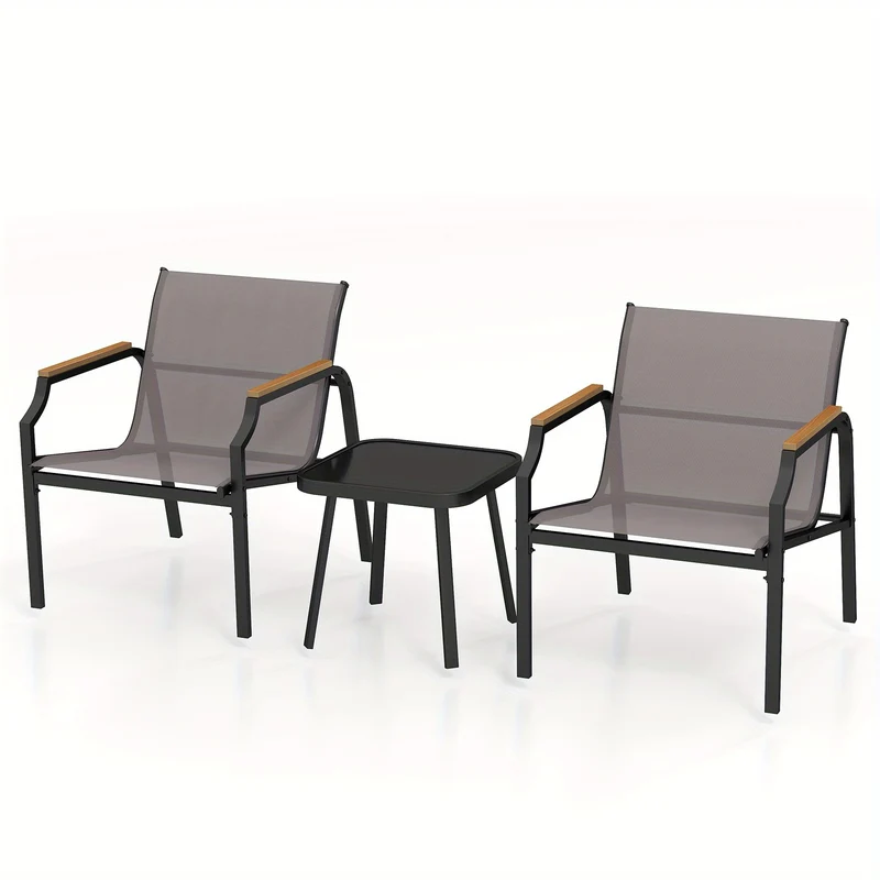 3-delig Tuinset – Tuinstoel – Balkonmeubel – Terrasstoel – Bijzettafel – Metalen Frame – Ademend Snel Droog Stof – Hout-Kunststof Armleuningen