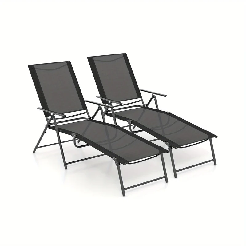Ligstoel – Ligbed – Tuinstoel – Relaxstoel – Outdoor Stoel – Verstelbare Rugleuning – Inklapbaar – Metaal – Sneldrogend – Set van 2 – Zwart