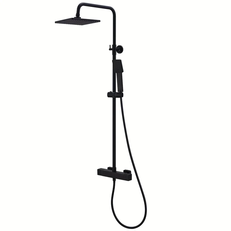 Regendouche – Doucheset – Douche Systeem – Douchekop – Thermostaatkraan – Mat Zwart – RVS Regendouche 22x22 cm – Thermostatische Veiligheid 38°C