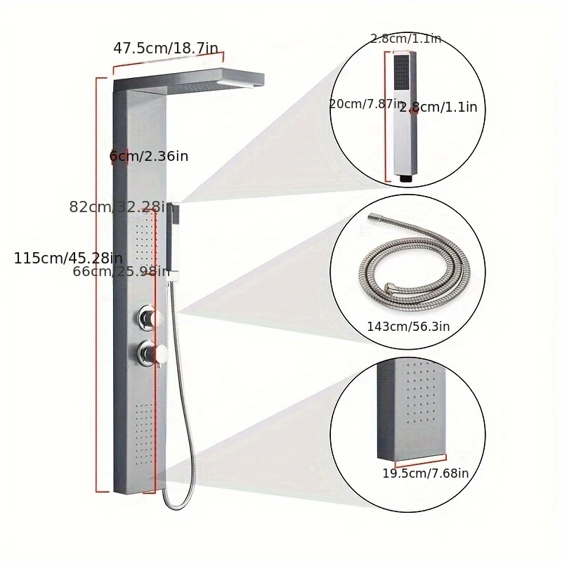 Douchepaneel – Regendouche – Waterval – Handdouche – Massageblad – 4-in-1 Functies – 304 RVS Geborsteld – Compact Design 20x47x115 cm
