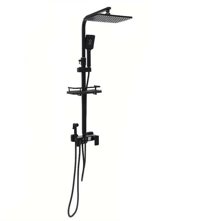 Regendouche – Douche Set – Doucheset – Douchesysteem – Handdouche – Mat Zwart – Roestvrij Staal – Verstelbare Hoogte – Ingebouwde Opbergrek