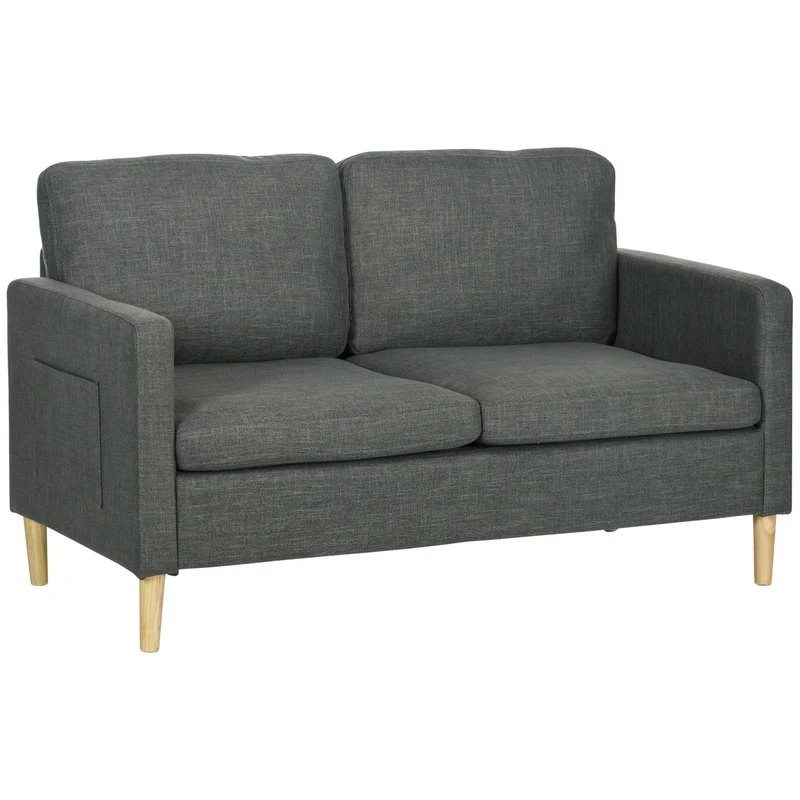 Bankstel – 2-Zitsbank – Zitbank – Sofa – Loveseat – Scandinavisch Design – Grijze Linnenlook Stof – Met Opbergvakjes Armleuningen – Massief Beukenhouten Poten