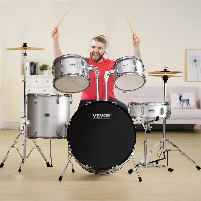 Drumstel – Drums – Schlagwerk – Percussie – Drum Kit – 5-Delig Compleet – Verstelbare Kruk – 55,88 cm Basdrum – Zilverkleurig
