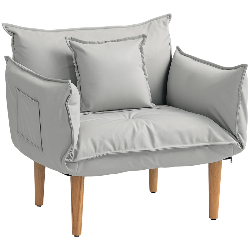 2-in-1 Fauteuil – Lounge Stoel – Vloerstoel – Verstelbare Relaxstoel – Enkelstoel – Lichtgrijs Microvezel – Verstelbare Rugleuning – Verwijderbare Poten