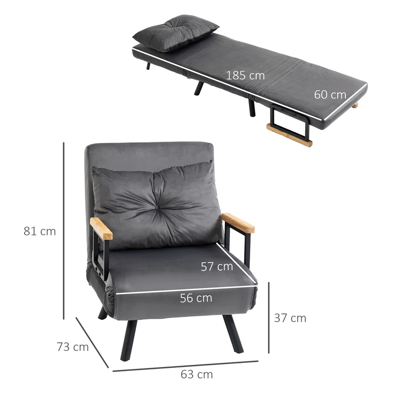Slaapbank – Slaapfauteuil – Bedbank – Uitklapbed – Relaxfauteuil – Verstelbare Rugleuning – Stalen Frame – Fluwelen Bekleding Donkergrijs