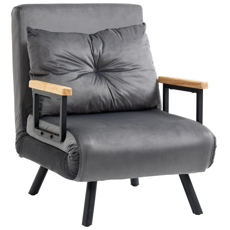 Slaapbank – Bedbank – Slaapstoel – Tweepersoonsbed – Verstelbare Rugleuning – Fluweelzachte Donkergrijze Bekleding – Stalen Frame – Inclusief Kussen