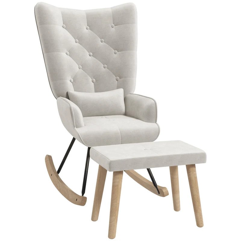 Schommelstoel – Relaxstoel – Fauteuil – Voedingsstoel – Loungestoel – Velvet Bekleding – Inclusief Voetenbank – Houten Poten – Ergonomisch Ontwerp – 66x96x101 cm