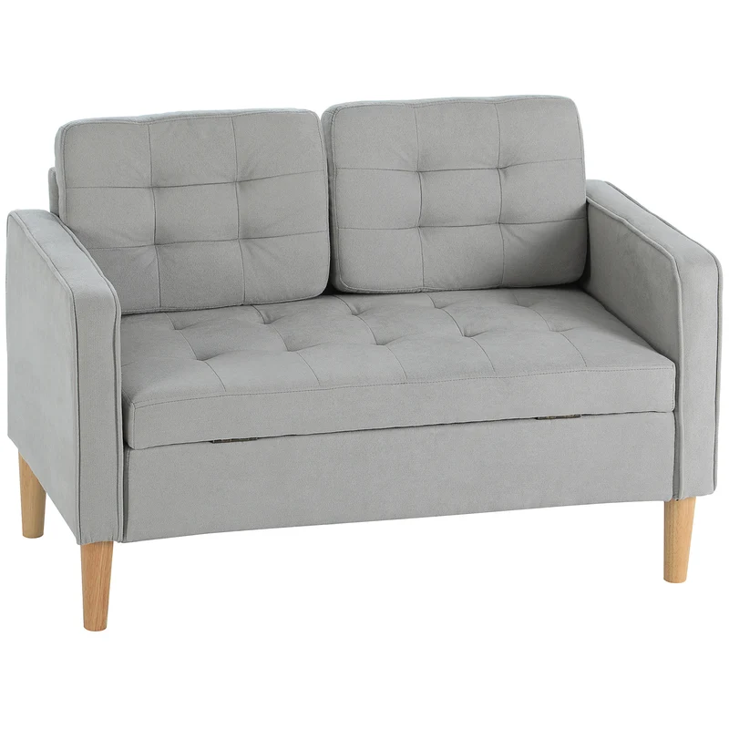 2-zitsbank – Tweezitsbank – Sofa – Loveseat – Bank – Lichtgrijs – Met Opbergruimte – Massief Houten Frame – Compacte Afmetingen 117x62x78 cm