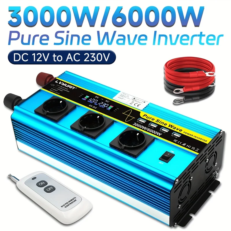 LVYUAN 6000W (peak)/3000W Pure Sine Wave DC 12V To AC 220V Voltage Converter With LCD Display And Wireless Remote Control As Well As 3 AC Outlets, 4 USB Ports And 4 Convection Fans For Car Camping, Laptops And Trucks.
