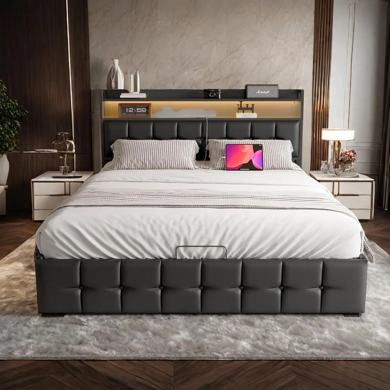 Led-bed – Gestoffeerd bed – Tweepersoonsbed – Opbergbed – Boxspring bedframe – 160x200 cm – Hydraulisch frame – LED-verlichting