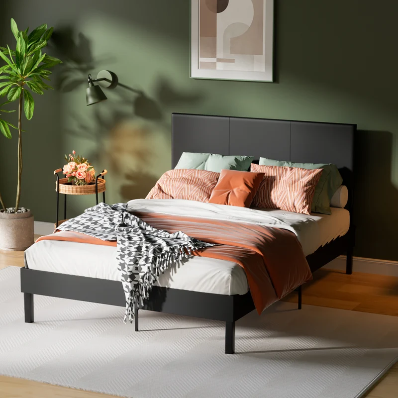 Bedframe – Ledikant – Slaapbank – Bedbodem – Lattenbodem – Robuust En Stijlvol – Draagkracht 350 Kg – Zwart Imitatieleer – 120x200/140x200 cm