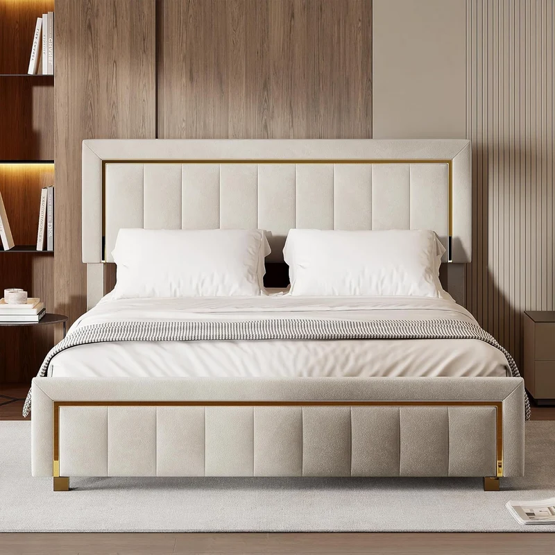 Beige Velvet Bed – Opbergbed – Bedframe – Tweepersoonsbed – Slaapkamerbed – 160x200 cm – Hydraulische Opbergruimte – Houten Lattenbodem