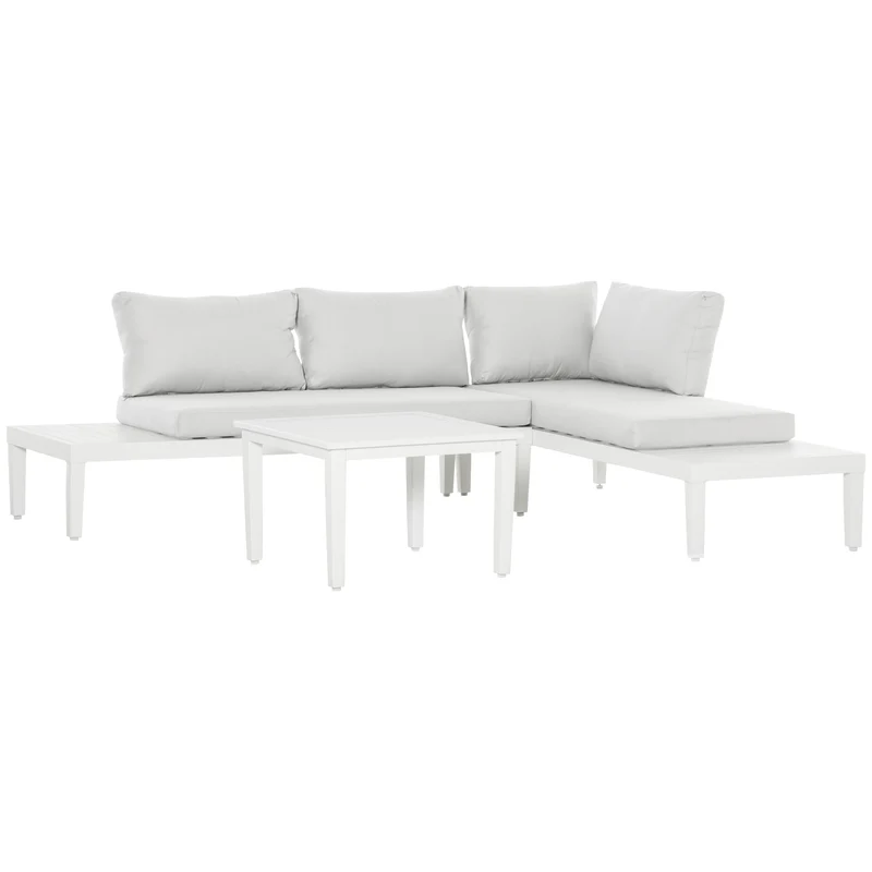 3-delige Loungeset – Tuinmeubelset – Balkonset – L-vormige Bank – Loungesofa – Lichtgewicht Aluminium – Weerbestendig & Comfortabel Kussen – Creme Wit