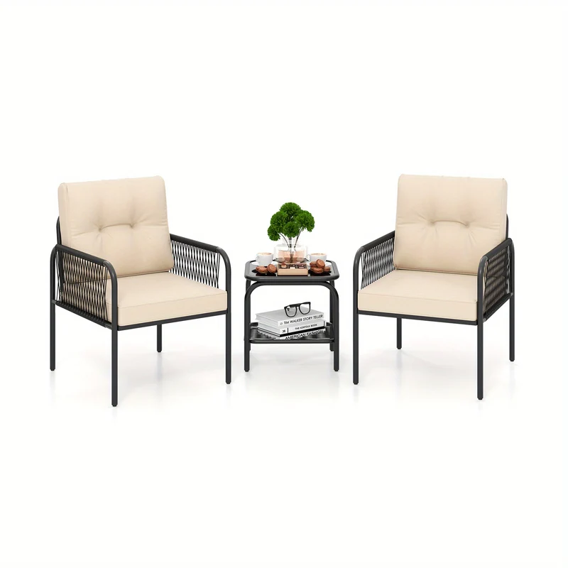 3-delig Bistro Set – Tuinset – Terrasmeubel – Patio Meubels – Balkonset – Lichtbeige PE Rattan – Gehard Glas Tafel – Comfortabele Zachte Kussens