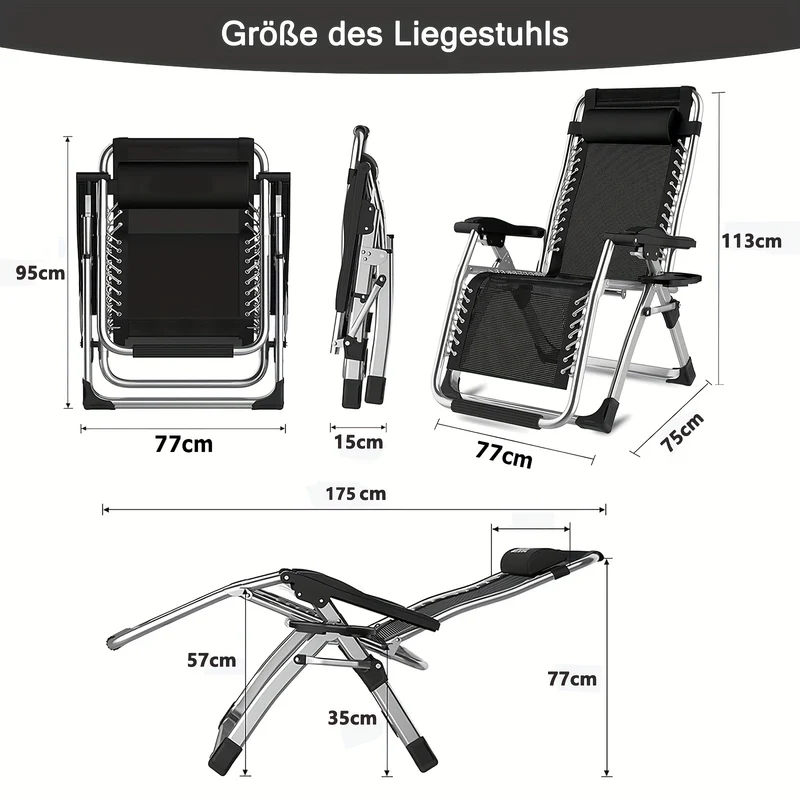 Foldable Lounge Chair, Reclining Sun Lounger For Garden With Headrest, Garden Lounge Chair With Drink Holder, Sun Chair, Weight Capacity 200 Kg, Foldable Garden Lounge Chair For Garden, Beach, Pool, And Balcony