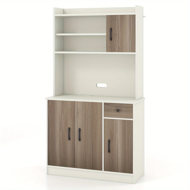 Four-Door Kitchen Buffet Storage Cabinet with Hutch, Freestanding Kitchen Pantry with Drawer, Large Open Space, Adjustable Shelves, Kitchen Pantry Cabinet, Pantry Cabinet for Kitchen, Kitchen Sideboard Cabinet, Pantry Cupboar