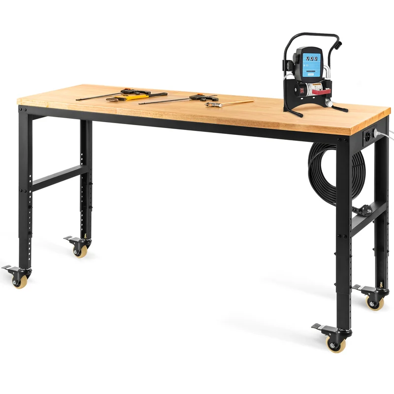 Werkbank – Werktafel – Werkbankje – Klusbank – Verstelbare Werkbank – 122 x 61 cm Massief Houten Blad – Ingebouwde Stopcontacten en USB-A Poorten