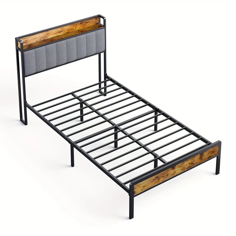 Bedframe – Bedbank – Eenpersoonsbed – Opbergbed – Gestoffeerd Bed – Lichtgrijs – Met Metalen Frame – Houten Lattenbodem – 120x200 cm – Comfortabel Hoofdeinde