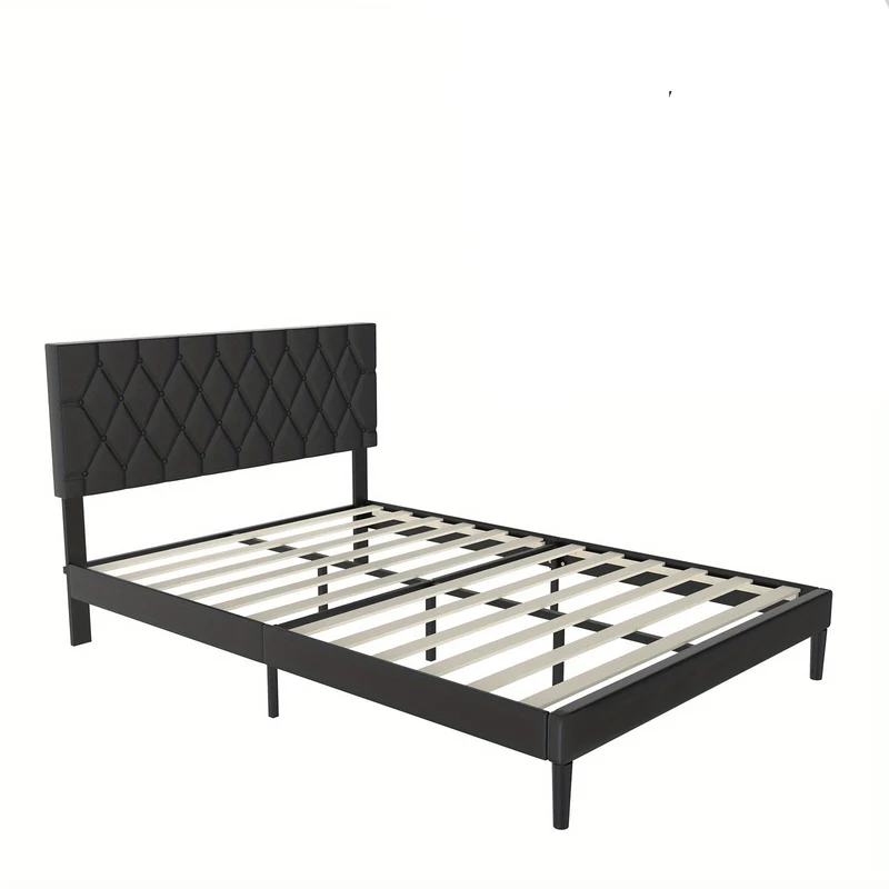 Bedframe – Gestoffeerd Bed – Tweepersoonsbed – Platformbed – Slaapbank – Zwart Imitatieleer – 140x200 cm – Hoogwaardig Padded Hoofdeinde – Stevige Houten Lattenbodem