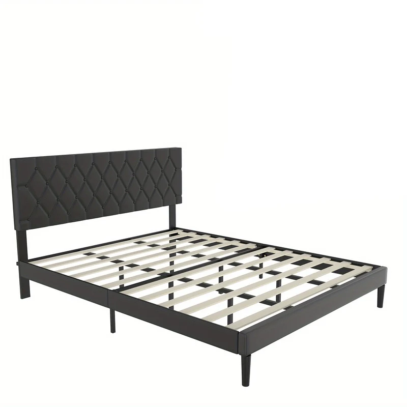 Bedframe – Gestoffeerd Bed – Tweepersoonsbed – Platformbed – Slaapbank – Zwart Kunstleer – 160x200 cm – Met Houten Lattenbodem