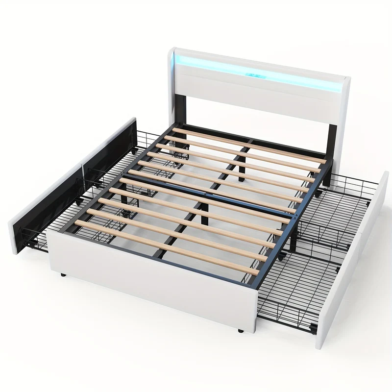 Bed – Tweepersoonsbed – Boxspring – Opbergbed – Ledikant – 160x200 cm – Met 4 Lades – USB Hoofdeinde