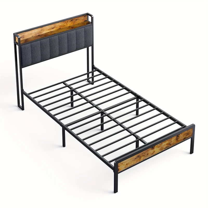 Bedframe – Bedombouw – Houten Bed – Gestoffeerd Bed – Metalen Bedframe – Donkergrijs – 120 x 200 cm – Stevige Metalen Constructie – Massief Houten Lattenbodem