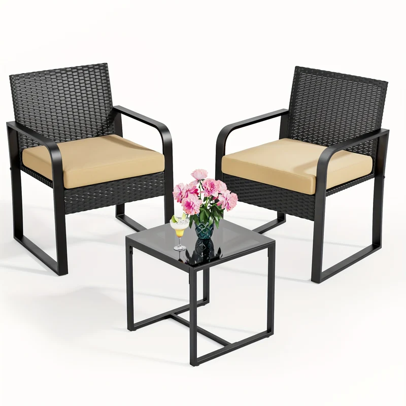 3-delige Rattan Tuinset – Balkonset – Loungeset – Bistroset – Tuinmeubelset – Gele Kussens – Duurzaam Rattan – Glazen Tafelblad