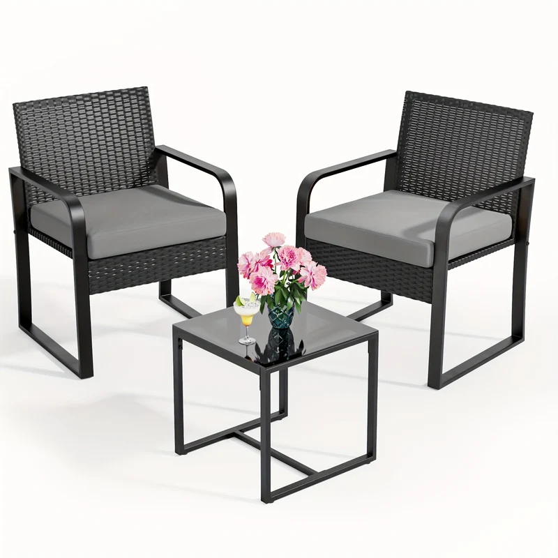 Tuinset – Balkonset – Bistroset – Loungeset – Polyriet – 3-delig – Weerbestendig Rattan – Glazen Tafelblad