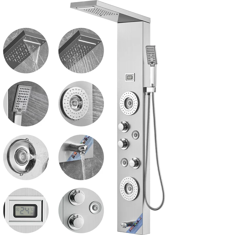 Douchepaneel – Regendouche – Douchekolom – Showerpanel – Douchepaneel 6-in-1 – 46 cm Breed – 304 Roestvrij Staal – LED Verlichting