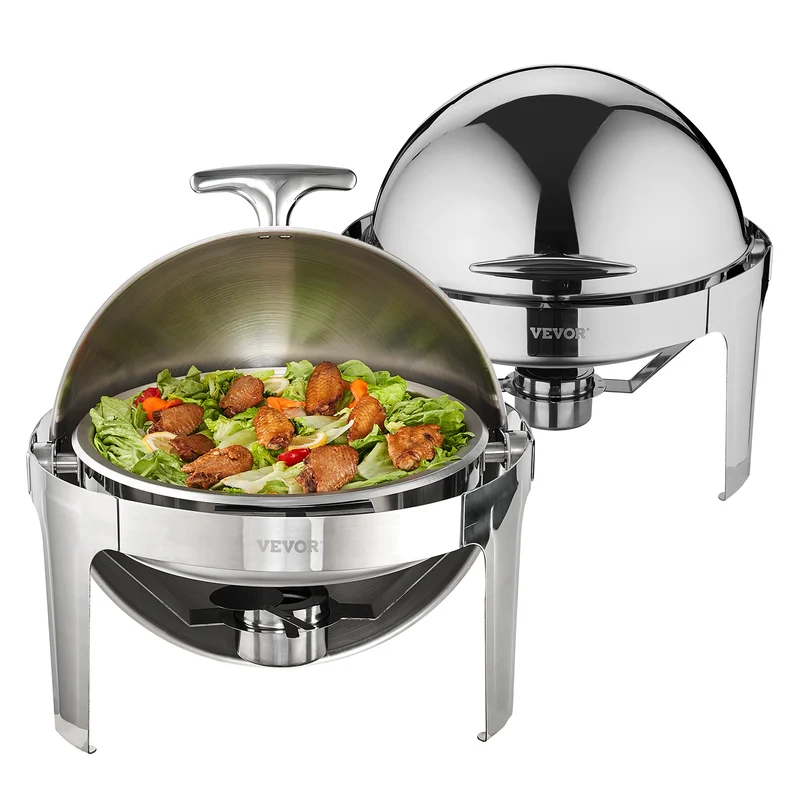 Chafing Dish Set – Warmhoudset – Buffet Warmhouder – Voedselwarmer – Roll-Top Deksel – 2 x 5,5L Inhoud – Roestvrij Staal – Vergrendelbare Deksel 90°/180°
