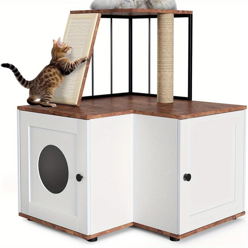 Kattenboom – Krabpaal – Kattenmeubel – Klimelement – Kattenhuis – 2-in-1 Ontwerp Met Verborgen Kattenbak – Ruime Speel- en Klimniveaus – Houten Constructie – Geurcontrole – Voor Grote Binnenkatten – 124 cm Hoog