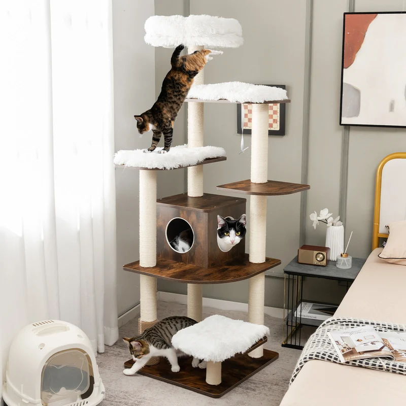 Krabpaal – Kattenboom – Krabmeubel – Klimmeubel – Kattenhuis – 175 cm Hoog – 6 Niveaus Met Kattenhol En Wasbare Matten