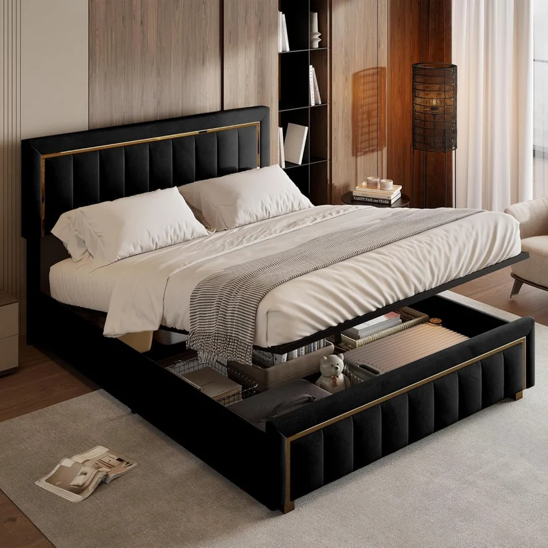 Bed 160x200 cm – Bedframe – Boxspring – Slaapbank – Opbergbed – Beige Fluweel – Hydraulische Opbergruimte – Stevige Houten Lattenbodem