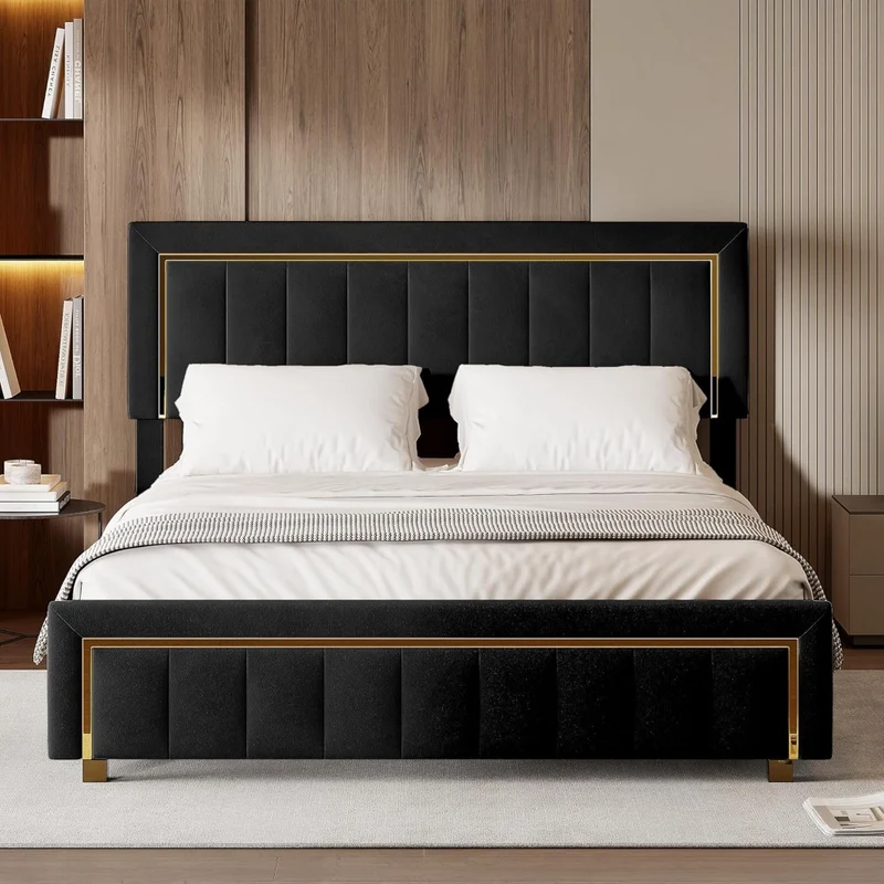 Bedframe King Size – Kingsize Bed – Tweepersoonsbed – Opbergbed – Bed Met Hoofdbord – Beige Velvet – Hydraulisch Liftmechanisme – Houten Lattenbodem