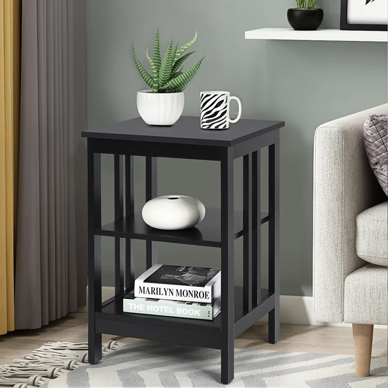 Nachtkastje – Bijzettafel – Opbergkastje – Endtable – Zwart – 3-laags met Veel Opbergruimte – Duurzaam MDF Met Beschermpads